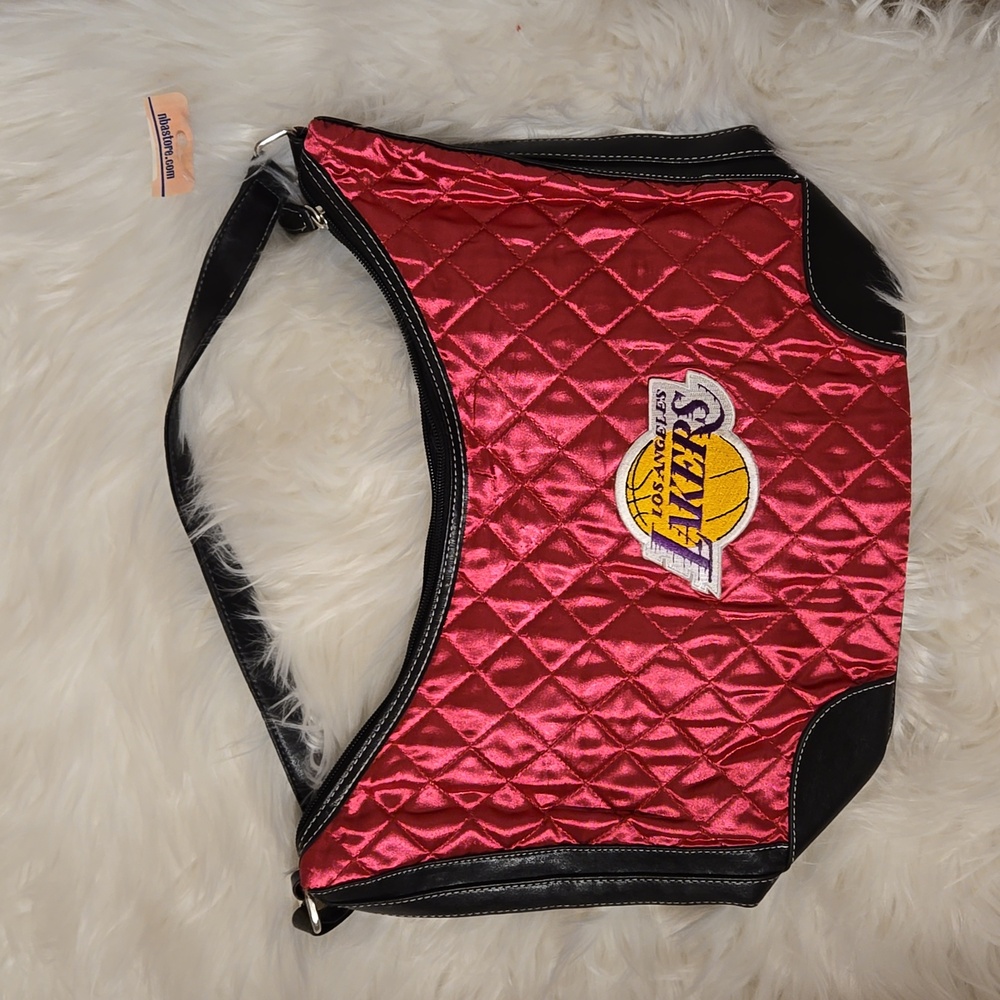 NBA Los Angeles Lakers hot pink satin quilted purse basketball black handle NEW…